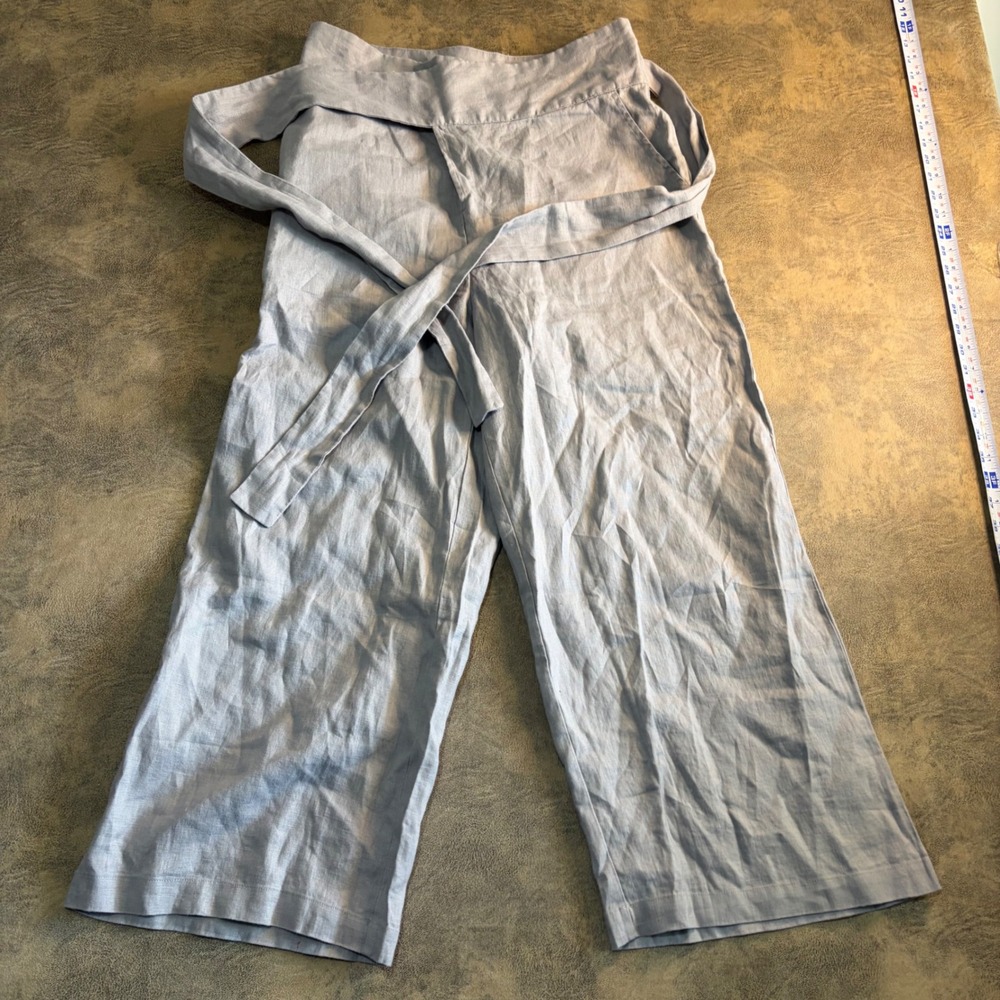 Grae Cove Linen Wide Leg Pants Womens Size M Grey Wrap Front Tie Waist Cropped